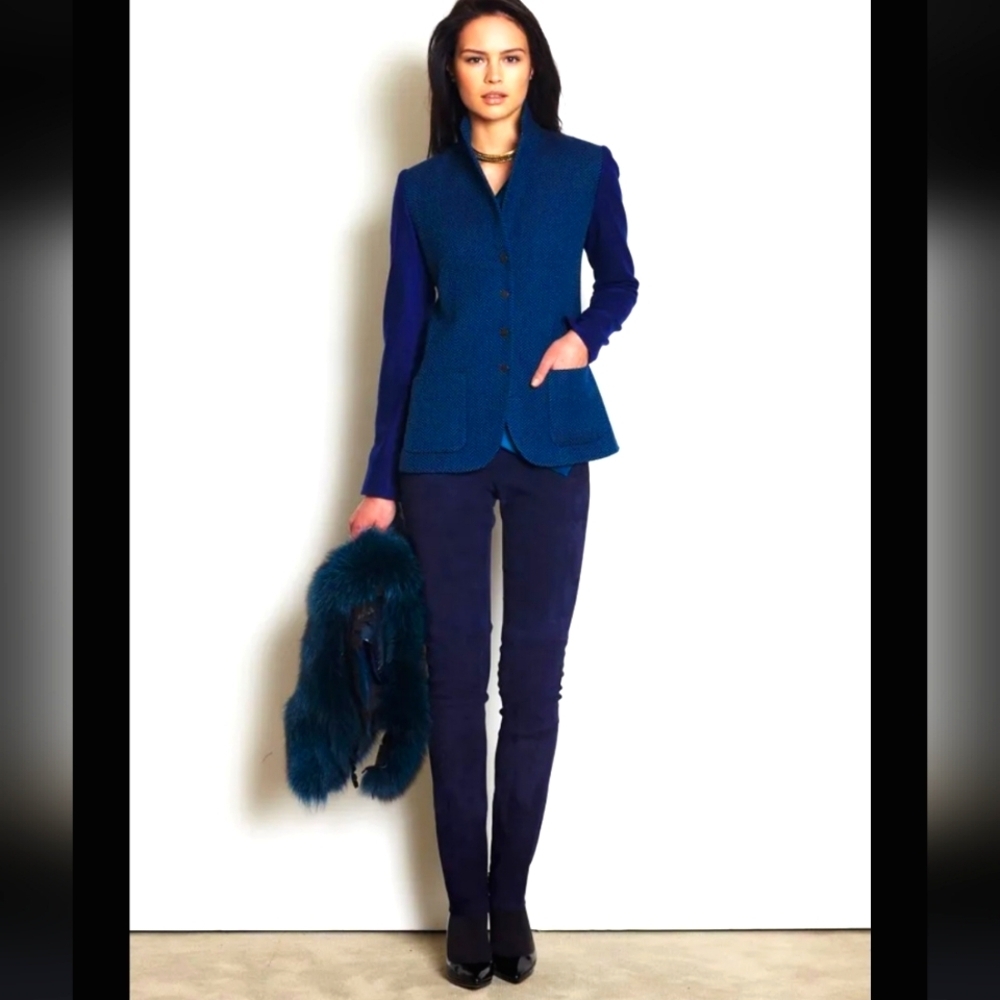 Elie Tahari Jacquard Blazer Paisley Jacket Luxury Metallic Designer Blue Rare